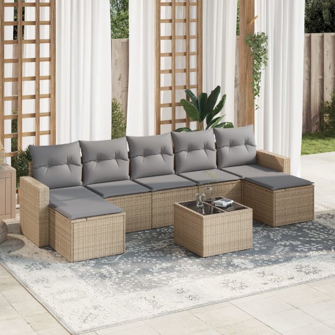 7-tlg. Garten-Sofagarnitur mit Kissen Schwarz Poly Rattan
