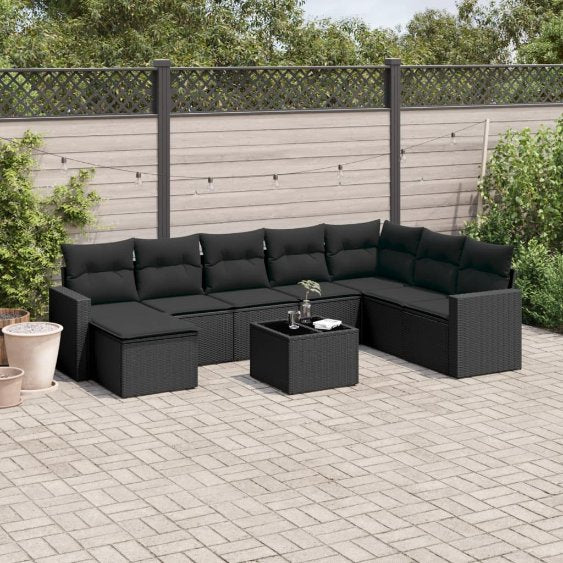 8-tlg. Garten-Sofagarnitur mit Kissen Schwarz Poly Rattan