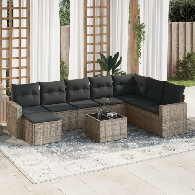8-tlg. Garten-Sofagarnitur mit Kissen Schwarz Poly Rattan