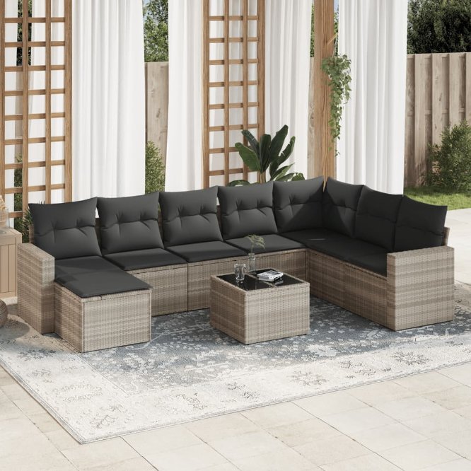 8-tlg. Garten-Sofagarnitur mit Kissen Schwarz Poly Rattan