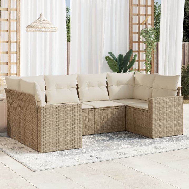 6-tlg. Garten-Sofagarnitur mit Kissen Schwarz Poly Rattan