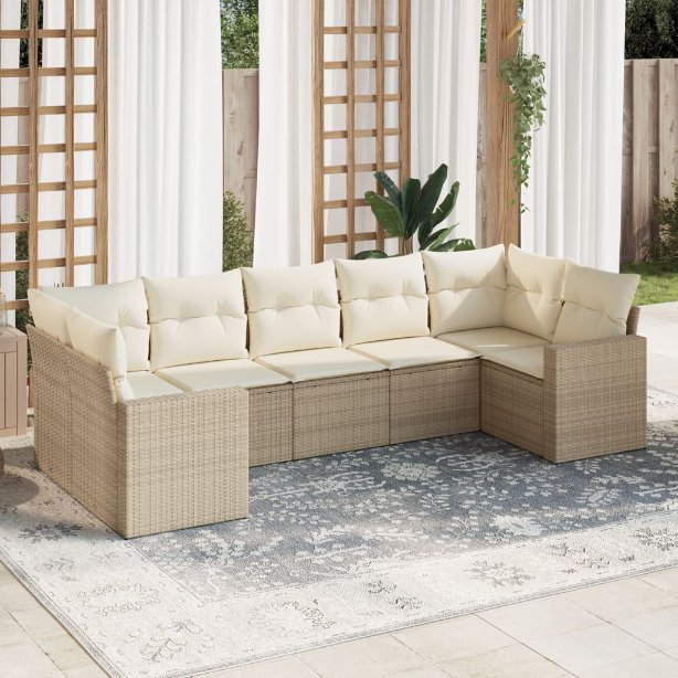 7-tlg. Garten-Sofagarnitur mit Kissen Schwarz Poly Rattan