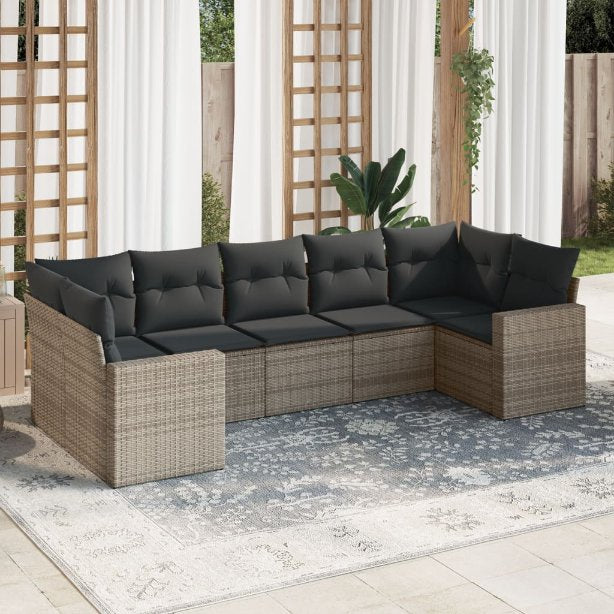 7-tlg. Garten-Sofagarnitur mit Kissen Schwarz Poly Rattan