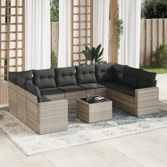 9-tlg. Garten-Sofagarnitur mit Kissen Schwarz Poly Rattan