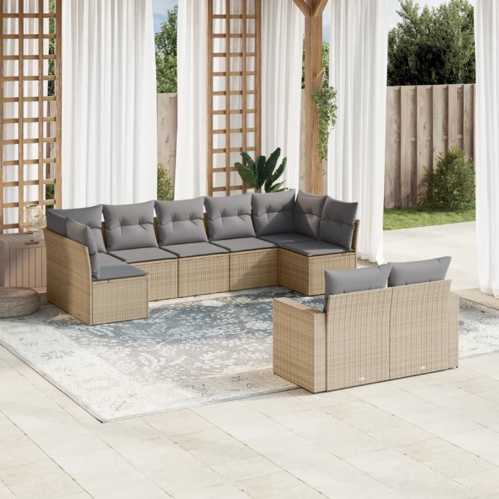 9-tlg. Garten-Sofagarnitur mit Kissen Schwarz Poly Rattan