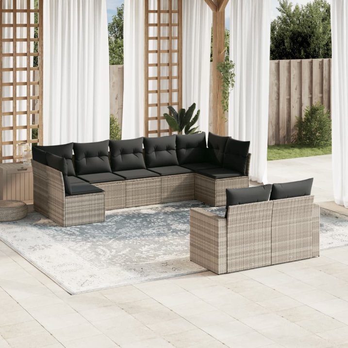 9-tlg. Garten-Sofagarnitur mit Kissen Schwarz Poly Rattan