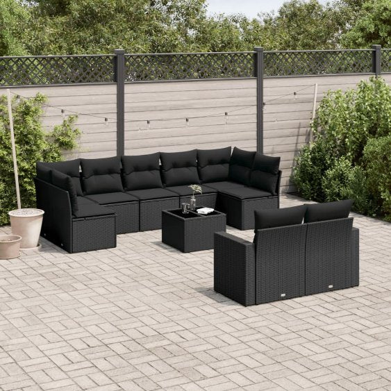 9-tlg. Garten-Sofagarnitur mit Kissen Schwarz Poly Rattan