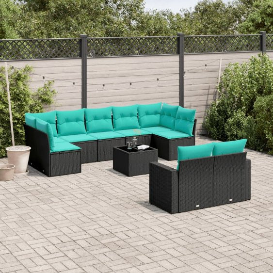 9-tlg. Garten-Sofagarnitur mit Kissen Schwarz Poly Rattan