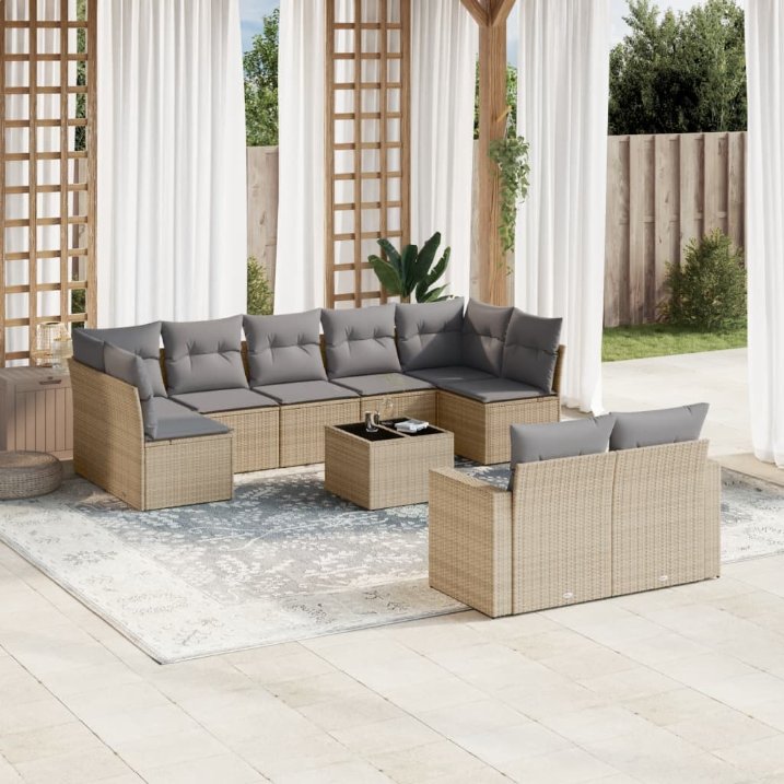 9-tlg. Garten-Sofagarnitur mit Kissen Schwarz Poly Rattan