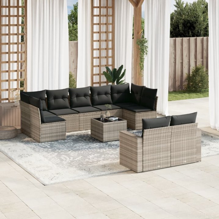 9-tlg. Garten-Sofagarnitur mit Kissen Schwarz Poly Rattan