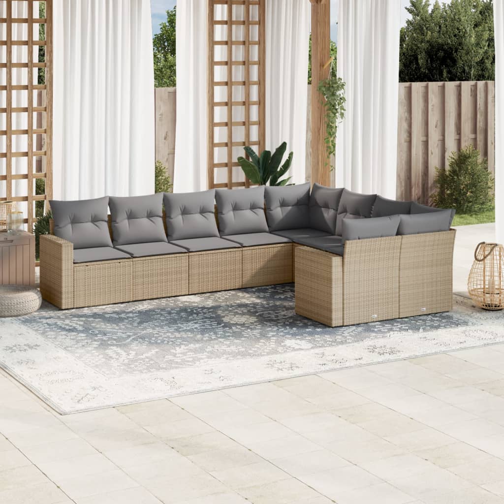 9-tlg. Garten-Sofagarnitur mit Kissen Schwarz Poly Rattan