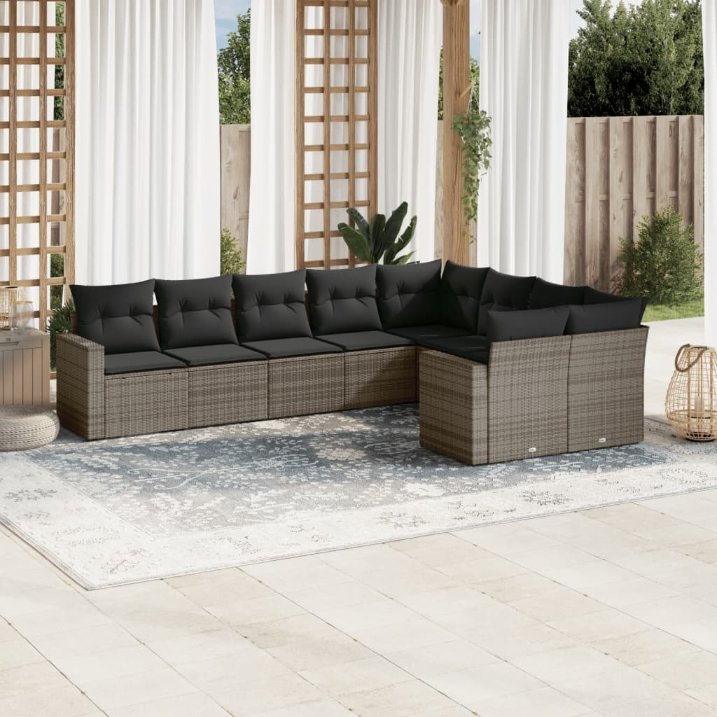 9-tlg. Garten-Sofagarnitur mit Kissen Schwarz Poly Rattan