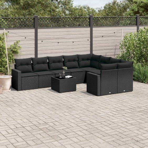 9-tlg. Garten-Sofagarnitur mit Kissen Schwarz Poly Rattan
