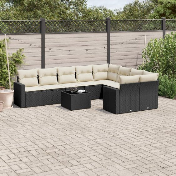 9-tlg. Garten-Sofagarnitur mit Kissen Schwarz Poly Rattan