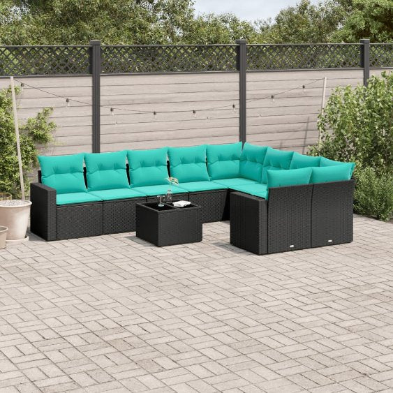 9-tlg. Garten-Sofagarnitur mit Kissen Schwarz Poly Rattan