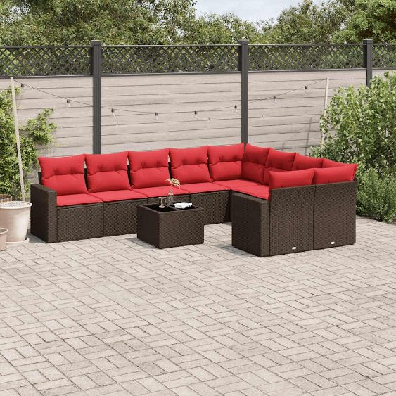 9-tlg. Garten-Sofagarnitur mit Kissen Schwarz Poly Rattan
