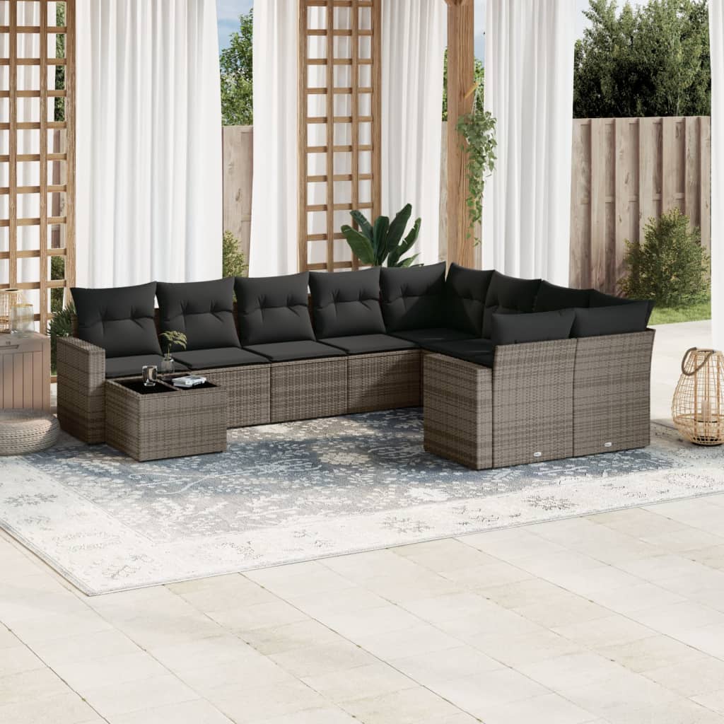 vidaXL 10-tlg. Garten-Sofagarnitur mit Kissen Schwarz Poly Rattan