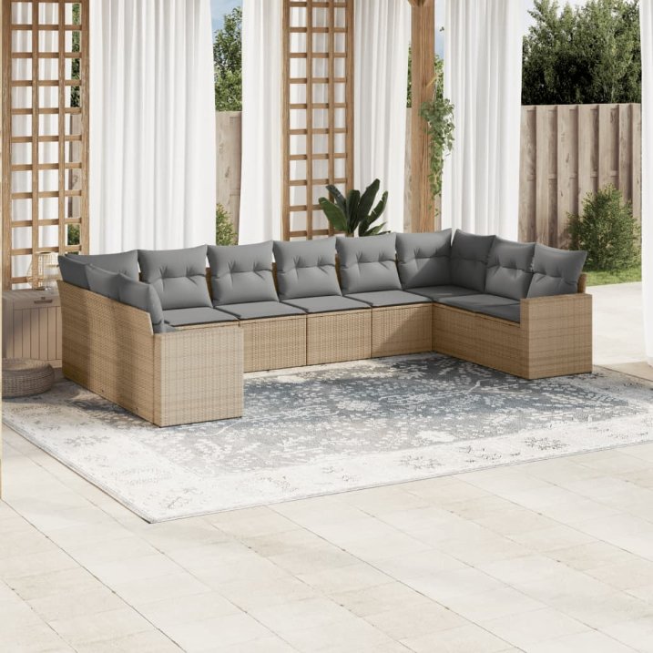 vidaXL 10-tlg. Garten-Sofagarnitur mit Kissen Schwarz Poly Rattan
