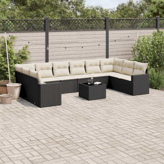 vidaXL 10-tlg. Garten-Sofagarnitur mit Kissen Schwarz Poly Rattan