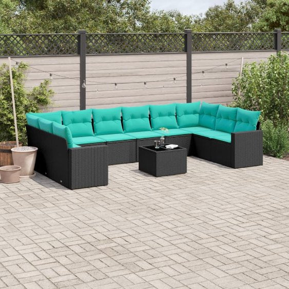 vidaXL 10-tlg. Garten-Sofagarnitur mit Kissen Schwarz Poly Rattan
