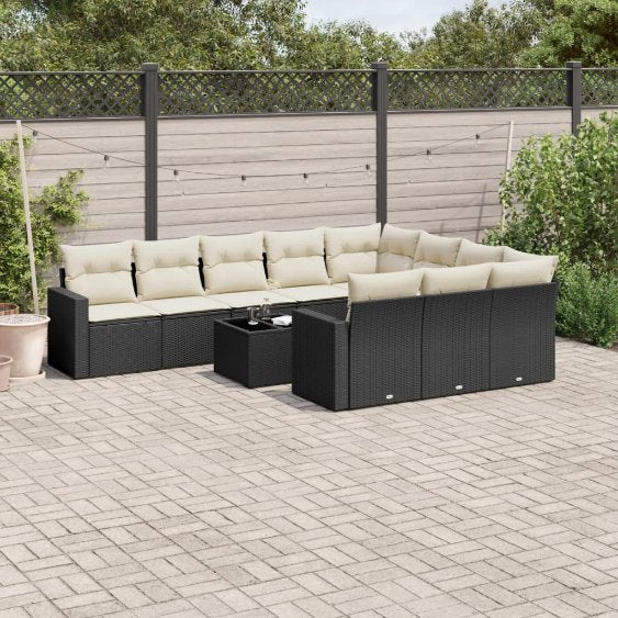 vidaXL 10-tlg. Garten-Sofagarnitur mit Kissen Schwarz Poly Rattan
