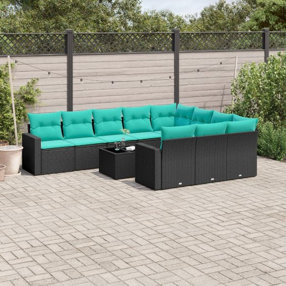 vidaXL 10-tlg. Garten-Sofagarnitur mit Kissen Schwarz Poly Rattan