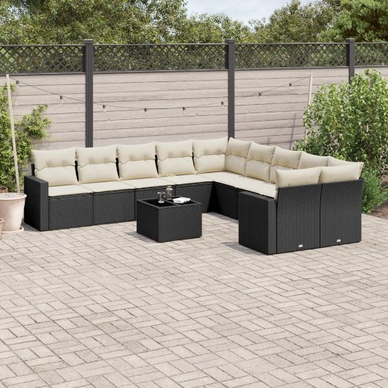 vidaXL 10-tlg. Garten-Sofagarnitur mit Kissen Schwarz Poly Rattan
