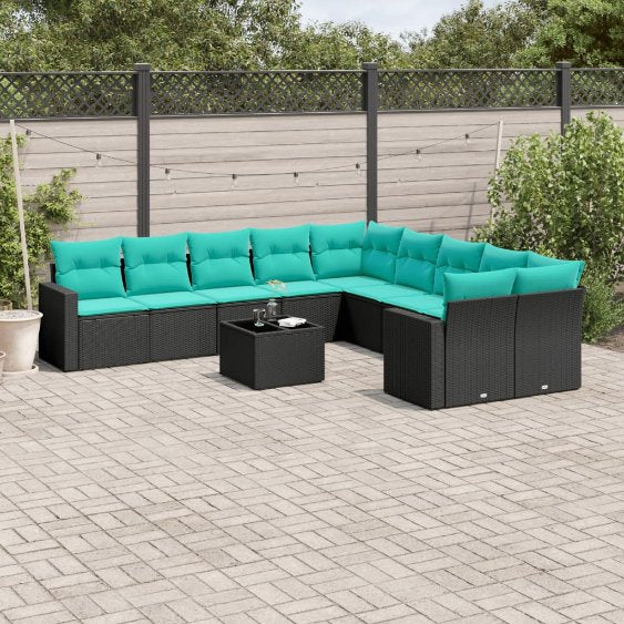 vidaXL 10-tlg. Garten-Sofagarnitur mit Kissen Schwarz Poly Rattan