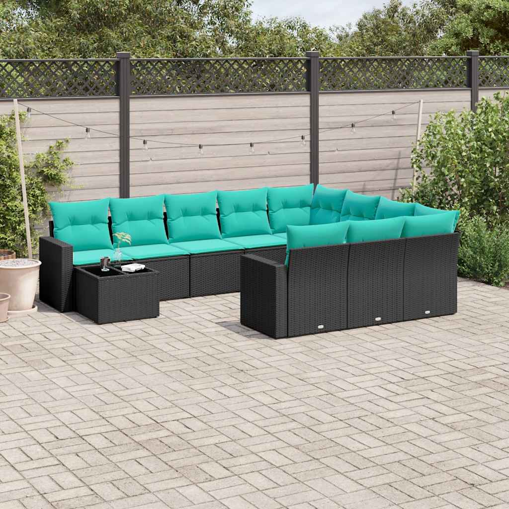 vidaXL 11-teiliges Gartensofa-Set mit Kissen, schwarzes Polyrattan