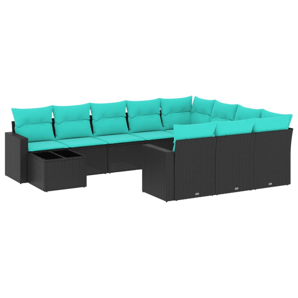 vidaXL 11-teiliges Gartensofa-Set mit Kissen, schwarzes Polyrattan