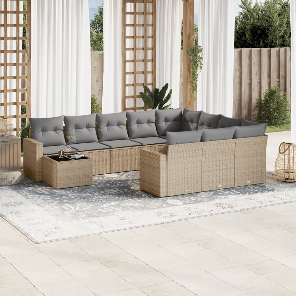vidaXL 11-tlg. Garten-Sofagarnitur mit Kissen Schwarz Poly Rattan