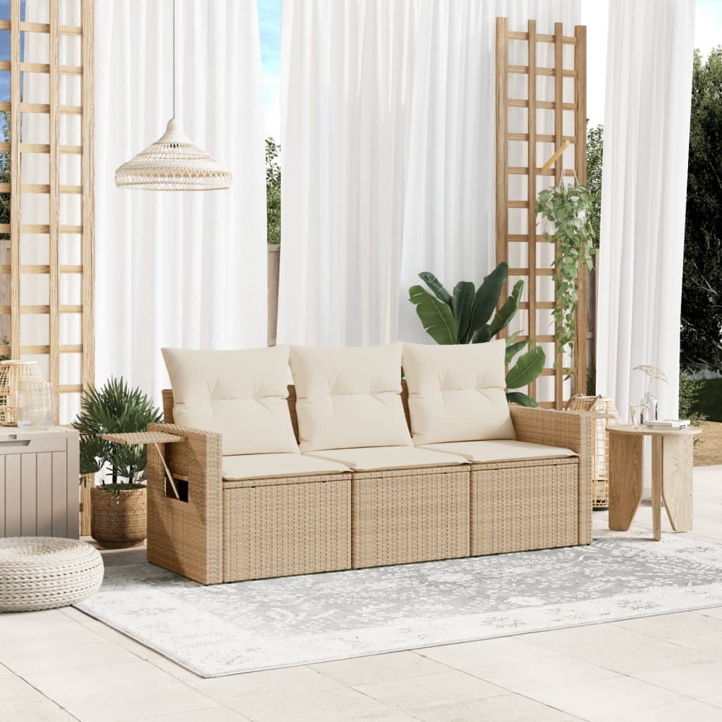 3-tlg. Garten-Sofagarnitur mit Kissen Schwarz Poly Rattan