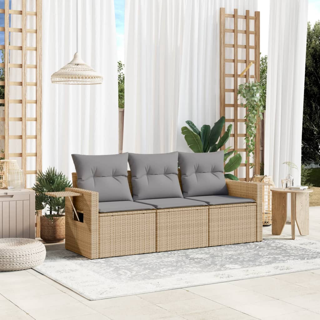 3-tlg. Garten-Sofagarnitur mit Kissen Schwarz Poly Rattan