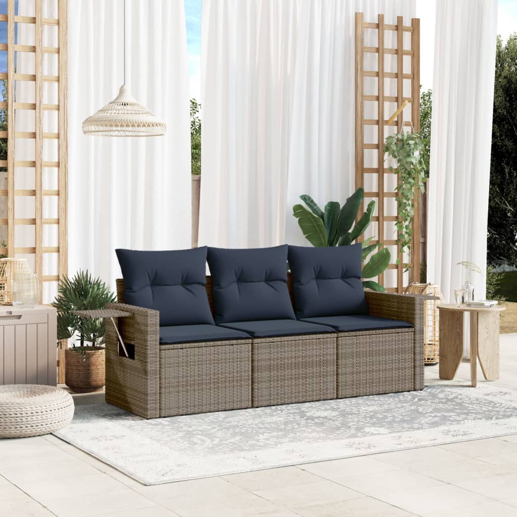 3-teiliges Gartensofa-Set mit Kissen, schwarzes Polyrattan