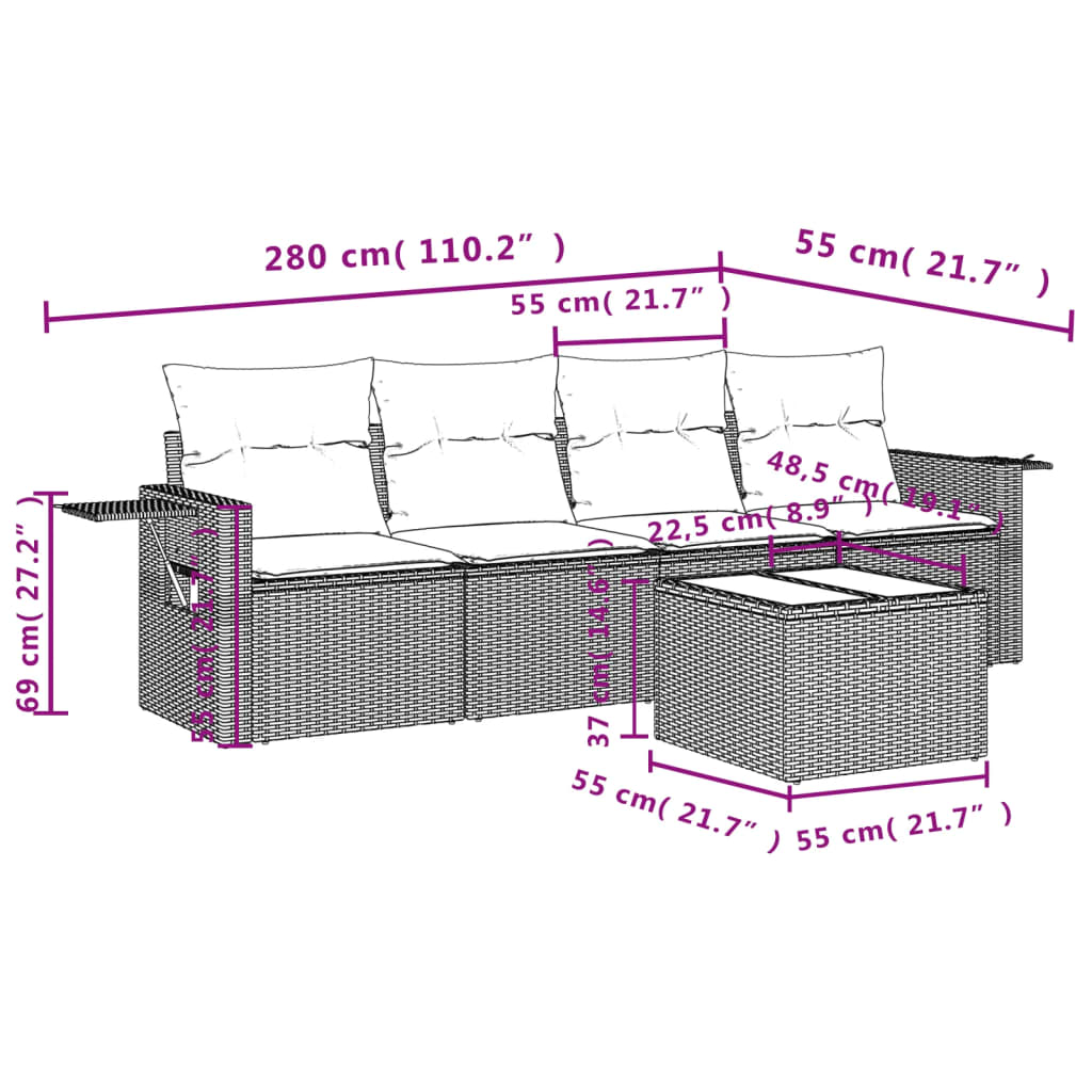 5-teiliges Gartensofa-Set mit Kissen, schwarzes Polyrattan