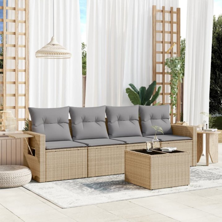 5-tlg. Garten-Sofagarnitur mit Kissen Schwarz Poly Rattan