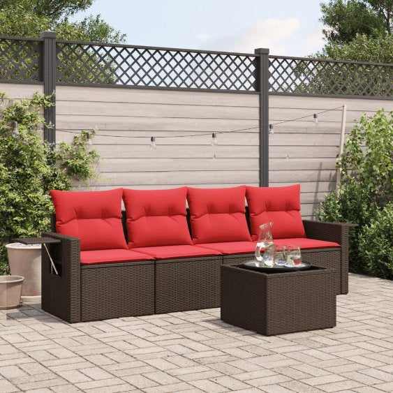 5-teiliges Gartensofa-Set mit Kissen, schwarzes Polyrattan