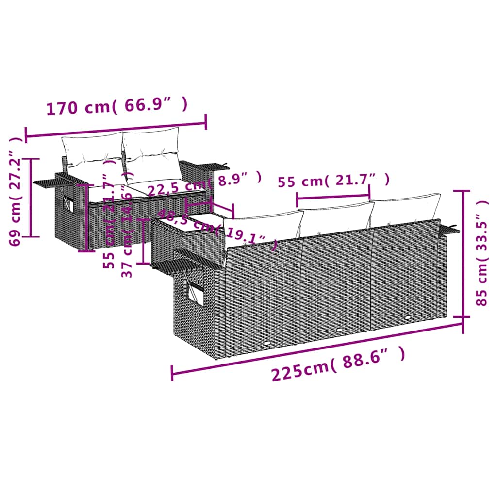 6-teiliges Gartensofa-Set mit Kissen, schwarzes Polyrattan