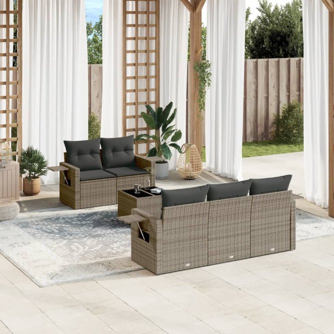 6-tlg. Garten-Sofagarnitur mit Kissen Schwarz Poly Rattan