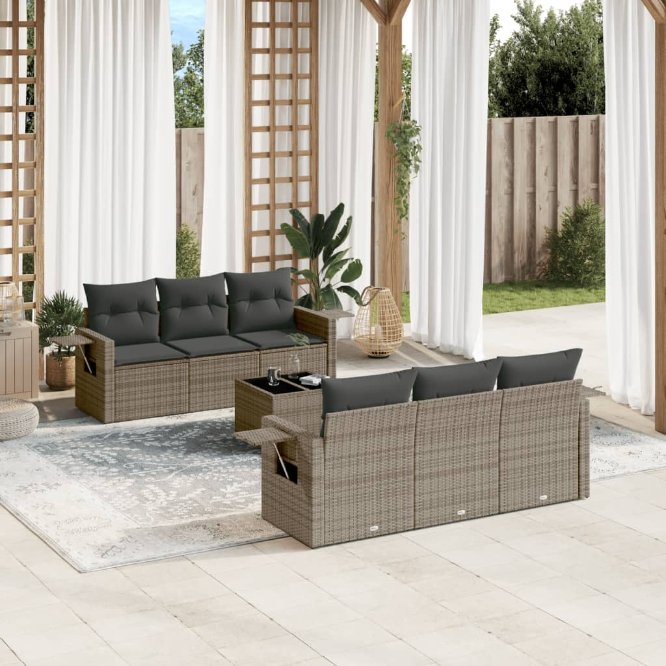 7-tlg. Garten-Sofagarnitur mit Kissen Schwarz Poly Rattan