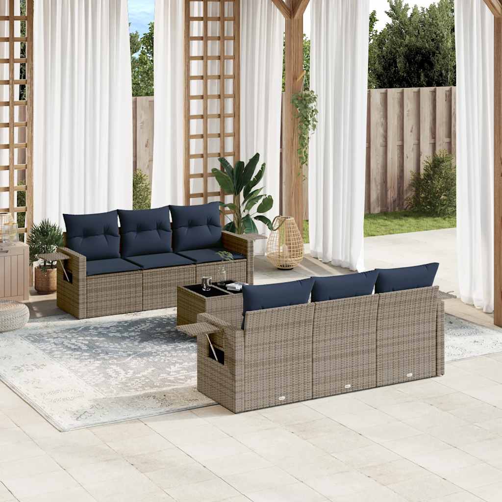 7-teiliges Gartensofa-Set mit Kissen, schwarzes Polyrattan