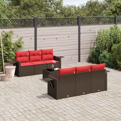 7-teiliges Gartensofa-Set mit Kissen, schwarzes Polyrattan