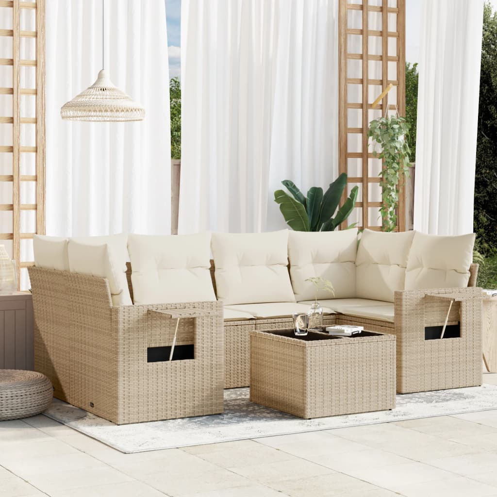 7-tlg. Garten-Sofagarnitur mit Kissen Schwarz Poly Rattan
