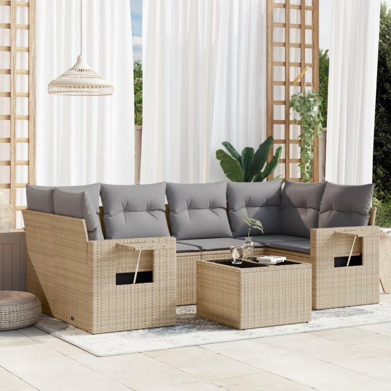 7-tlg. Garten-Sofagarnitur mit Kissen Schwarz Poly Rattan