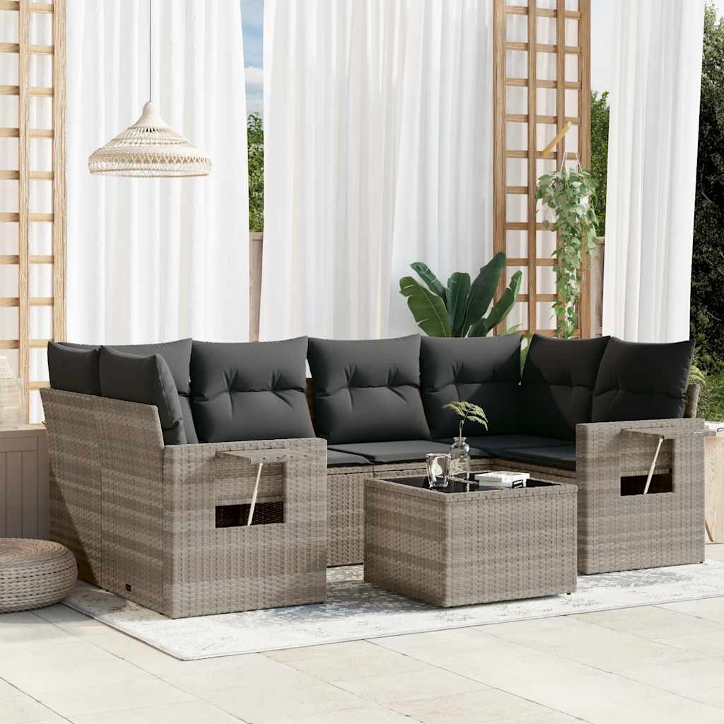 7-tlg. Garten-Sofagarnitur mit Kissen Schwarz Poly Rattan