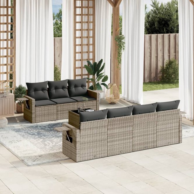 8-tlg. Garten-Sofagarnitur mit Kissen Schwarz Poly Rattan