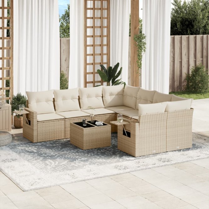 9-tlg. Garten-Sofagarnitur mit Kissen Schwarz Poly Rattan