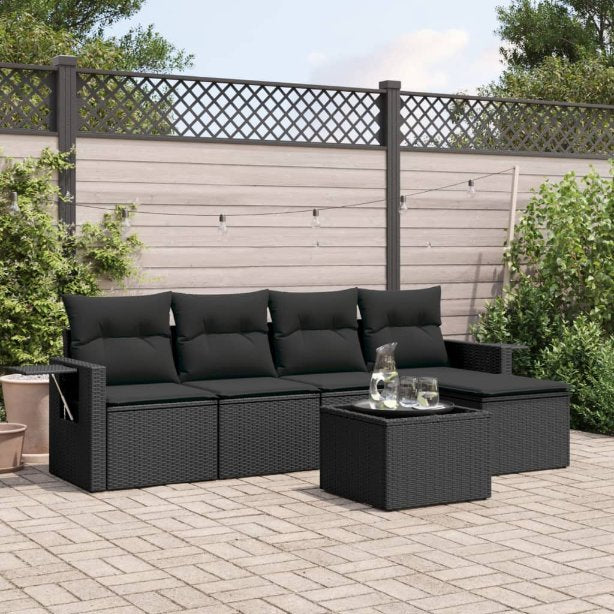 5-tlg. Garten-Sofagarnitur mit Kissen Schwarz Poly Rattan