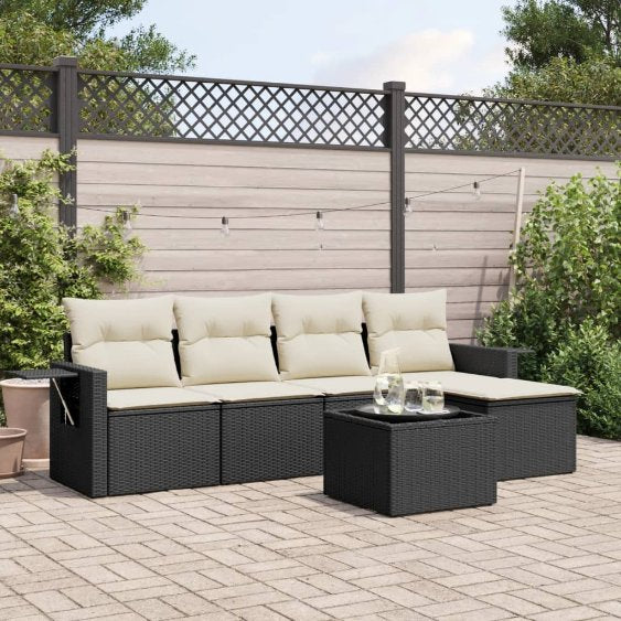 5-tlg. Garten-Sofagarnitur mit Kissen Schwarz Poly Rattan