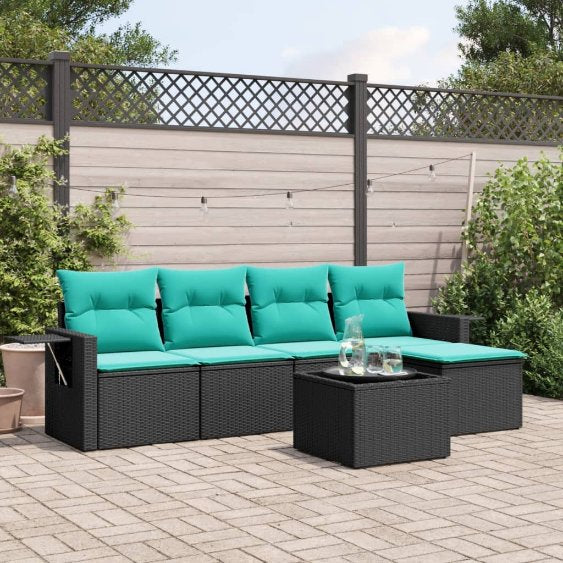 5-teiliges Gartensofa-Set mit Kissen, schwarzes Polyrattan